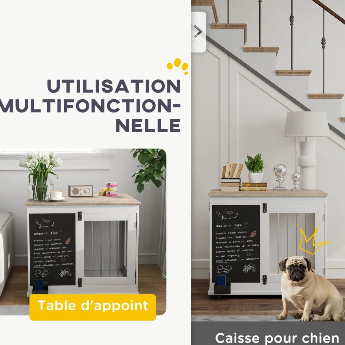 Cage pour chien intérieur - cage d'intérieur design - 2 portes - tableau noir pour craie - barreaux acier