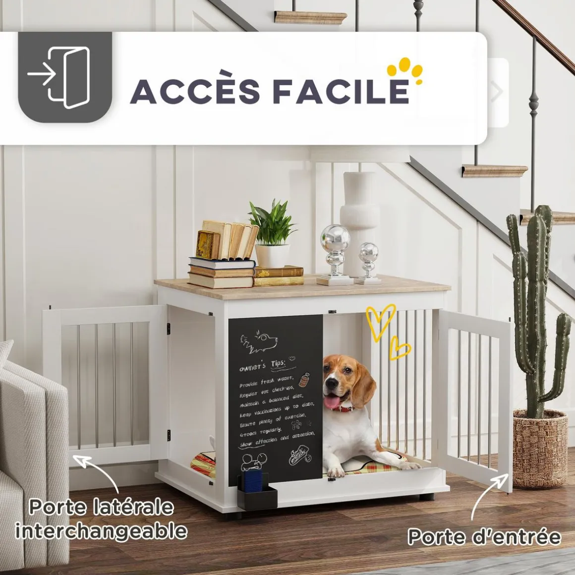 Cage pour chien intérieur - cage d'intérieur design - 2 portes - tableau noir pour craie - barreaux acier