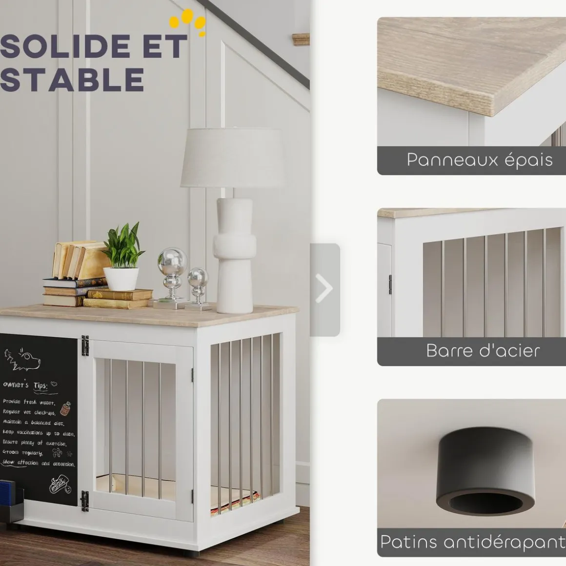 Cage pour chien intérieur - cage d'intérieur design - 2 portes - tableau noir pour craie - barreaux acier