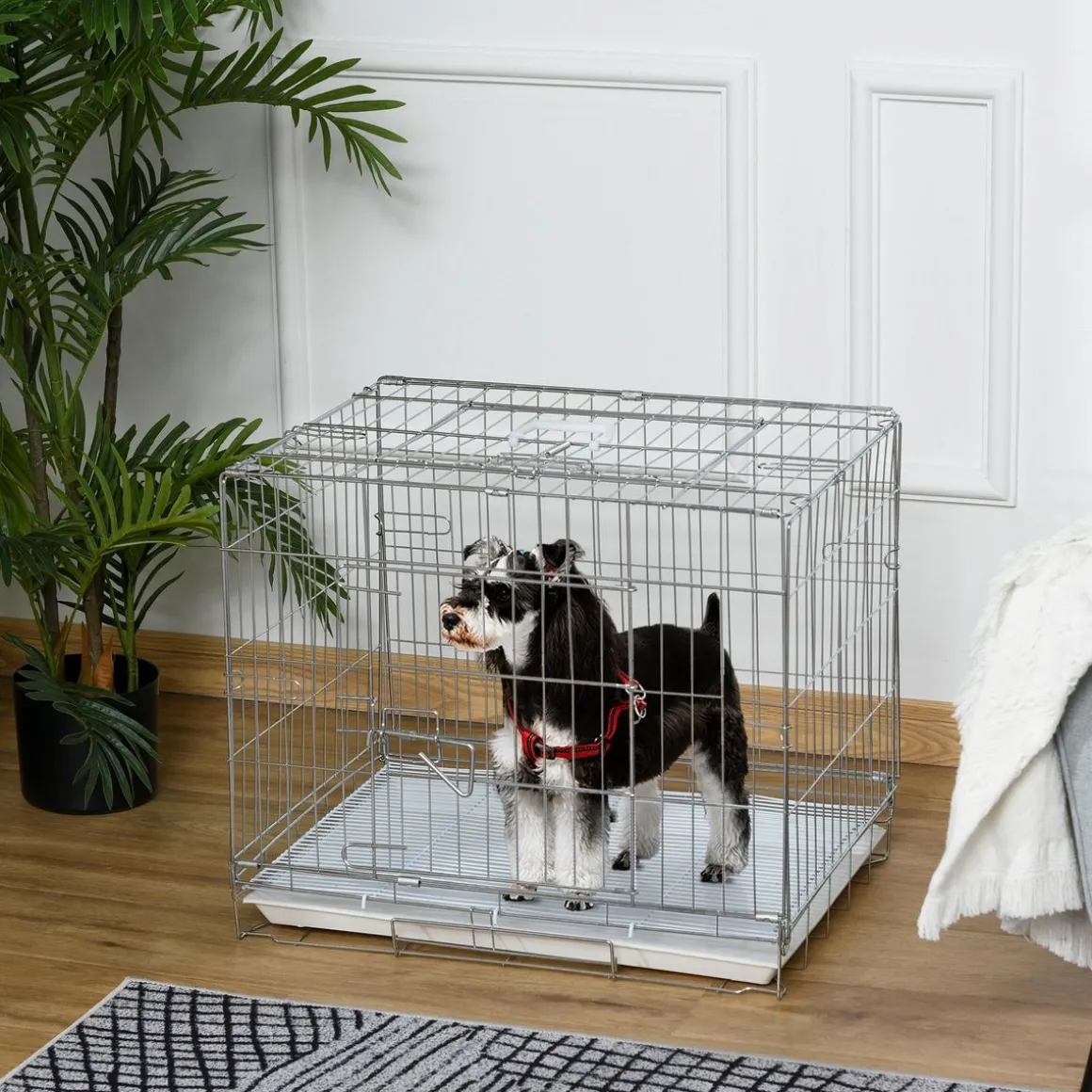 Cage pour chien pliable - plateau excrément coulissant - 2 portes verrouillable, poignée - dim. 61L x 43l x 50H cm - fer galvanisé PP blanc