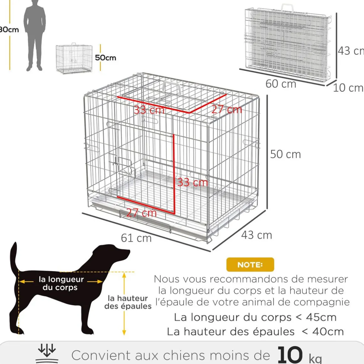Cage pour chien pliable - plateau excrément coulissant - 2 portes verrouillable, poignée - dim. 61L x 43l x 50H cm - fer galvanisé PP blanc