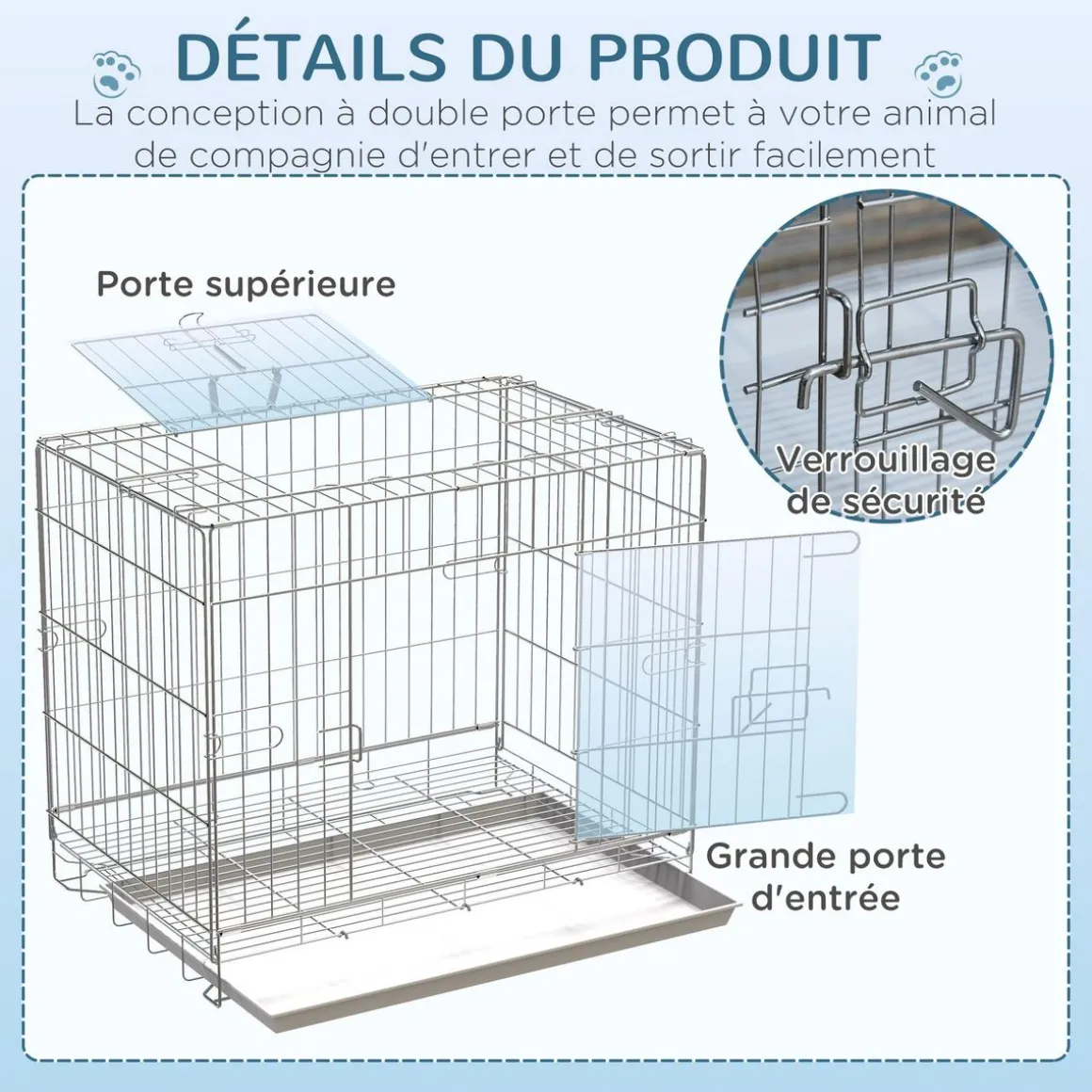 Cage pour chien pliable - plateau excrément coulissant - 2 portes verrouillable, poignée - dim. 61L x 43l x 50H cm - fer galvanisé PP blanc