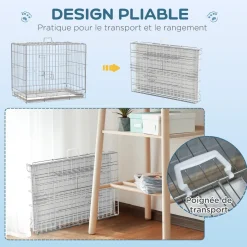 Cage pour chien pliable - plateau excrément coulissant - 2 portes verrouillable, poignée - dim. 61L x 43l x 50H cm - fer galvanisé PP blanc