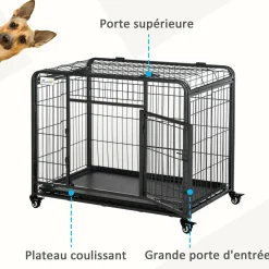 Cage pour chien pliable cage de transport sur roulettes 2 portes verrouillables plateau amovible dim. 94L x 58l x 69H cm métal gris noir
