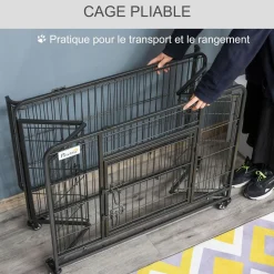 Cage pour chien pliable cage de transport sur roulettes 2 portes verrouillables plateau amovible dim. 94L x 58l x 69H cm métal gris noir