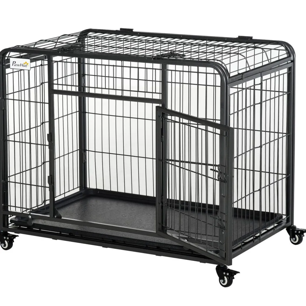 Cage pour chien pliable cage de transport sur roulettes 2 portes verrouillables plateau amovible dim. 125L x 76l x 81H cm métal gris noir