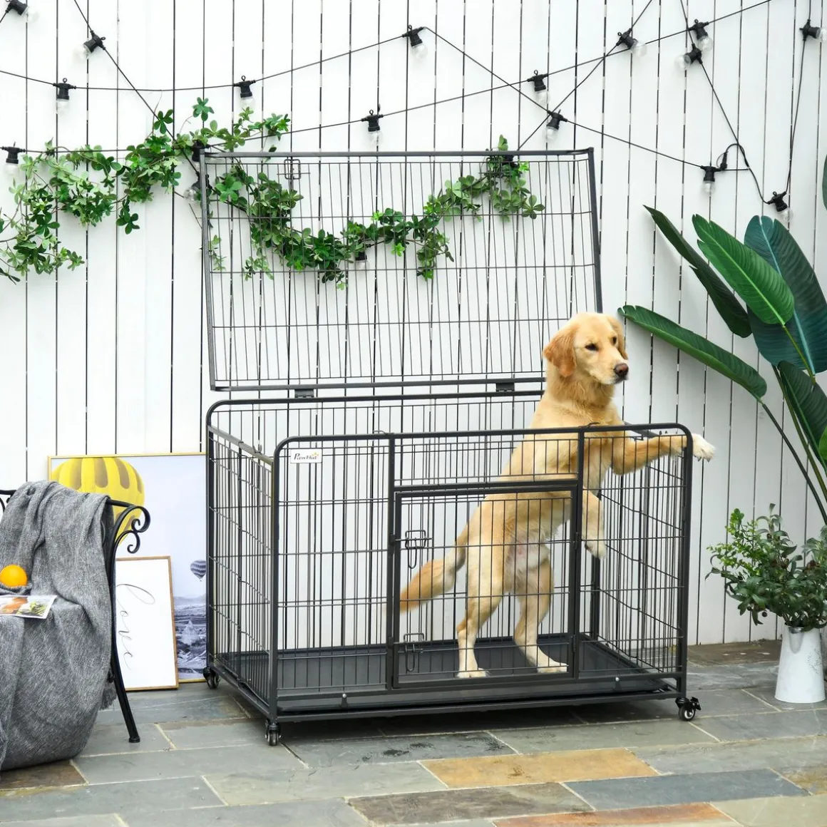 Cage pour chien pliable cage de transport sur roulettes 2 portes verrouillables plateau amovible dim. 125L x 76l x 81H cm métal gris noir