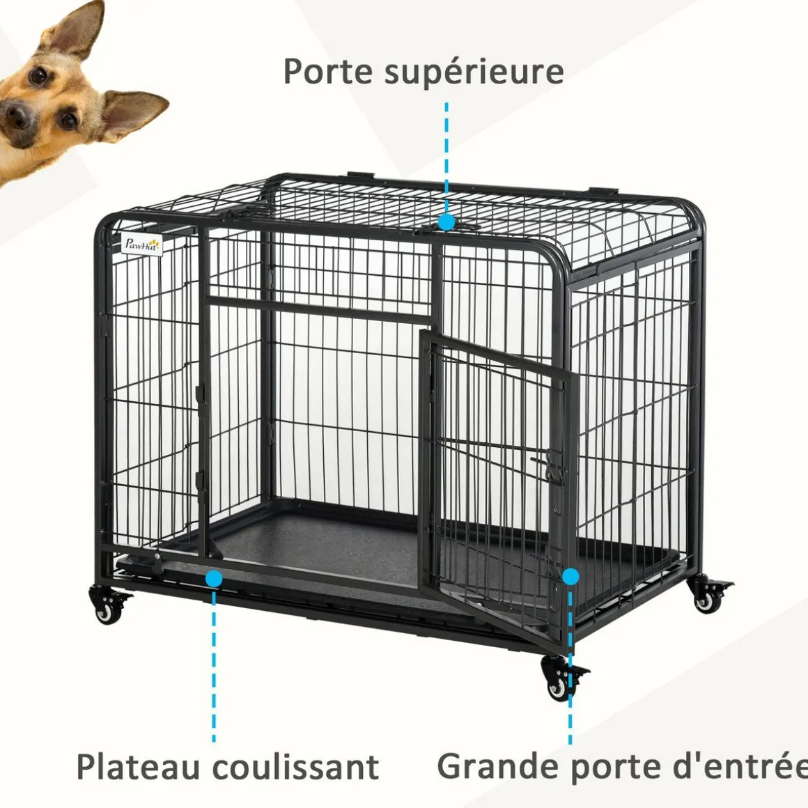 Cage pour chien pliable cage de transport sur roulettes 2 portes verrouillables plateau amovible dim. 125L x 76l x 81H cm métal gris noir