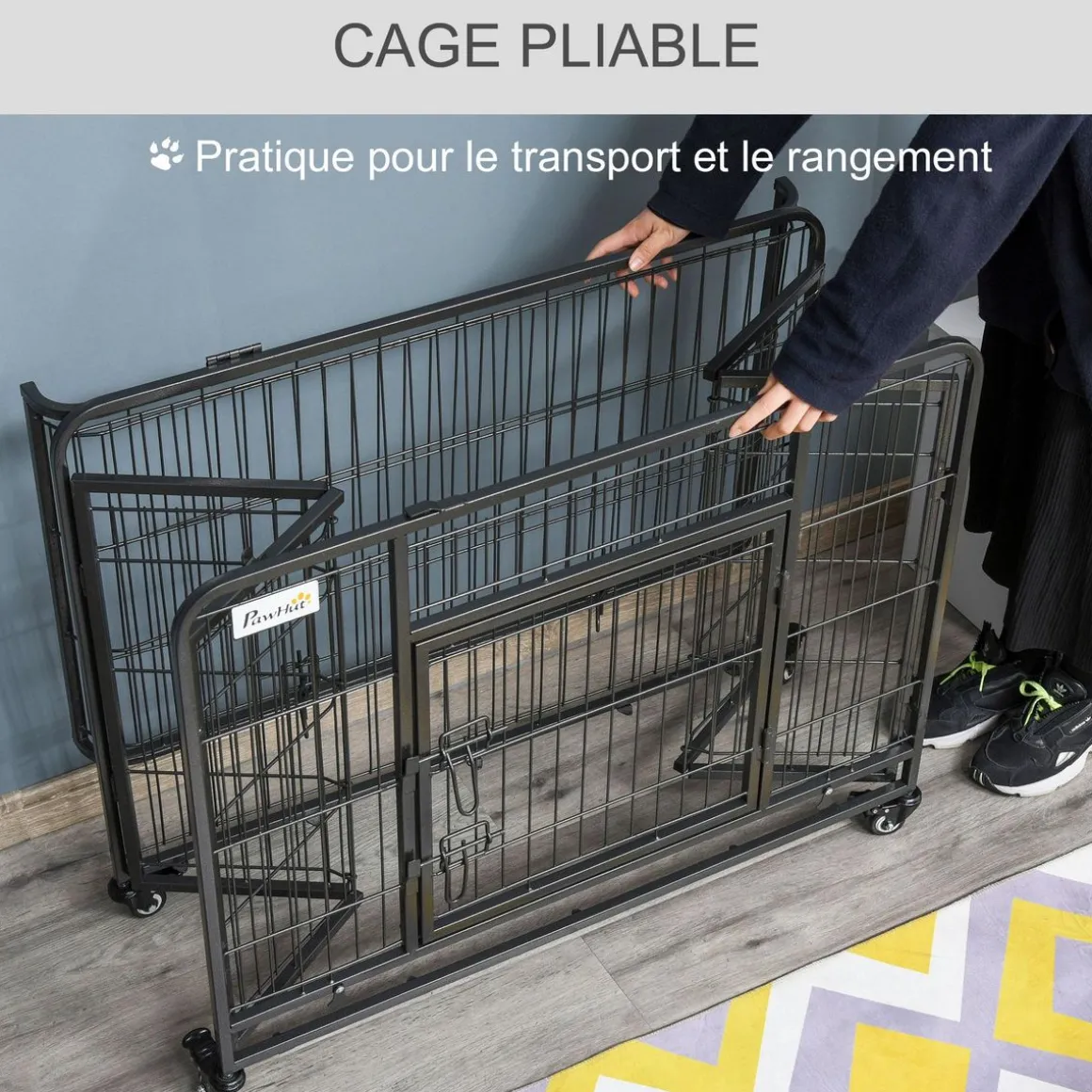 Cage pour chien pliable cage de transport sur roulettes 2 portes verrouillables plateau amovible dim. 125L x 76l x 81H cm métal gris noir