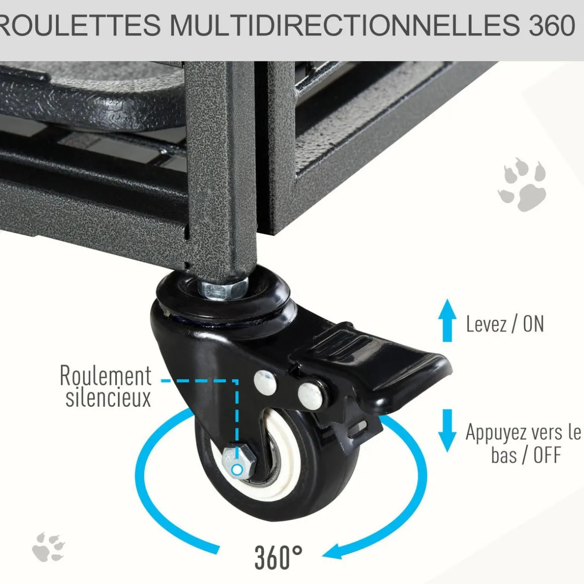 Cage pour chien pliable cage de transport sur roulettes 2 portes verrouillables plateau amovible dim. 125L x 76l x 81H cm métal gris noir