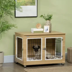 Cage pour chien sur pied - 2 portes verrouillables, coussin déhoussable inclus - acier filaire noir panneaux aspect bois clair