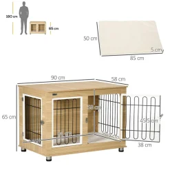 Cage pour chien sur pied - 2 portes verrouillables, coussin déhoussable inclus - acier filaire noir panneaux aspect bois clair