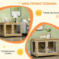 Cage pour chien sur pied - 2 portes verrouillables, coussin déhoussable inclus - acier filaire noir panneaux aspect bois clair