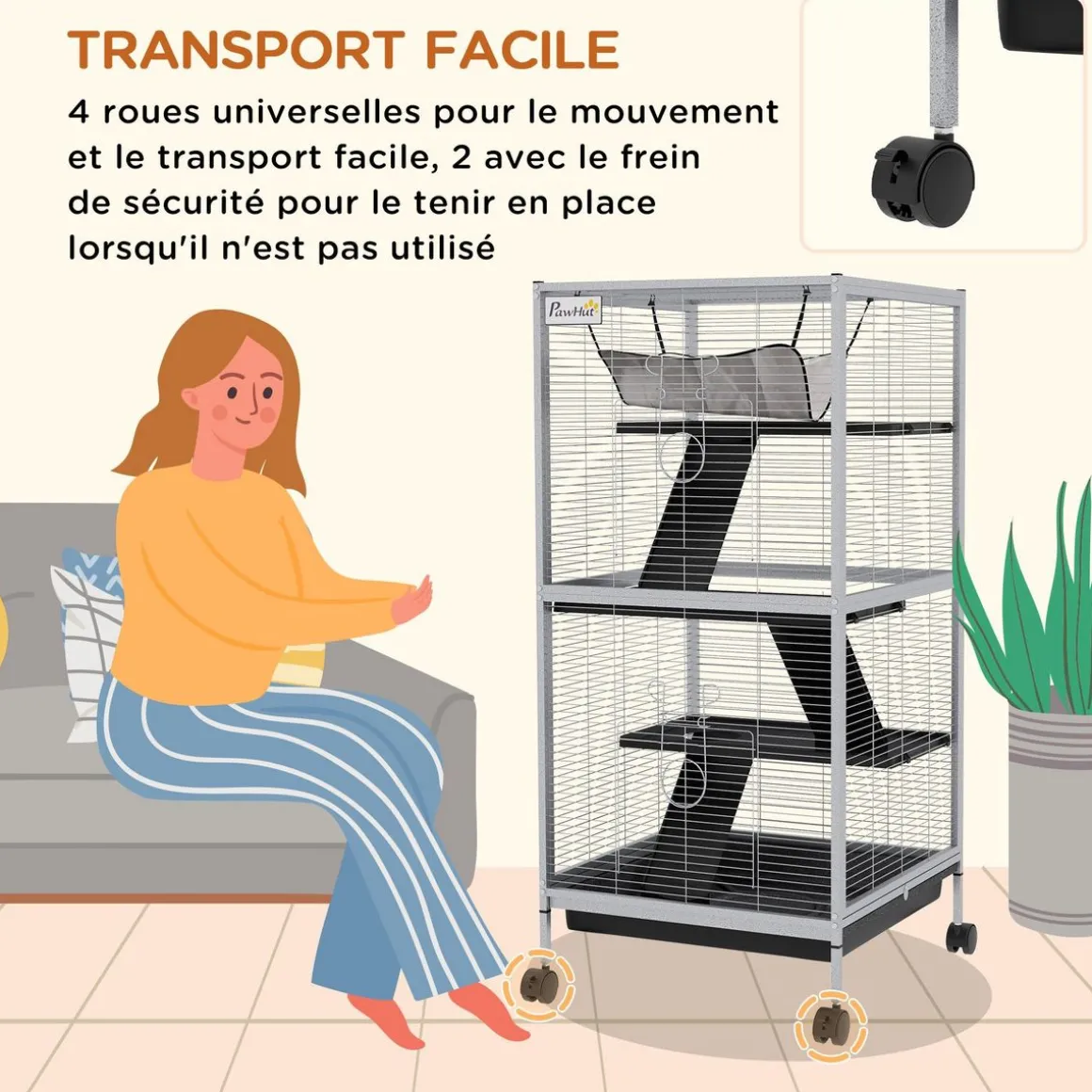 Cage pour petits animaux portable avec 2 portes hamac métal PP 52 x 52 x 113,5 cm