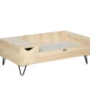 Canapé chien chat style cosy naturel - coussin aspect fourrure blanc et coffre inclus - dim. 89L x 56l x 31H cm - pieds acier en épingles lit MDF aspect bois clair naturel