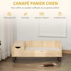 Canapé chien chat style cosy naturel - coussin aspect fourrure blanc et coffre inclus - dim. 89L x 56l x 31H cm - pieds acier en épingles lit MDF aspect bois clair naturel