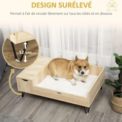 Canapé chien chat style cosy naturel - coussin aspect fourrure blanc et coffre inclus - dim. 89L x 56l x 31H cm - pieds acier en épingles lit MDF aspect bois clair naturel