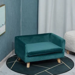 Canapé chien lit pour chien design scandinave coussin moelleux pieds bois massif dim. 64 x 45 x 36 cm velours bleu canard