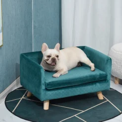 Canapé chien lit pour chien design scandinave coussin moelleux pieds bois massif dim. 64 x 45 x 36 cm velours bleu canard