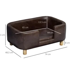 Canapé chien lit pour chien chat avec rebord coussin moelleux pieds bois massif dim. 74 x 48,5 x 31 cm revêtement micro-fibre chocolat