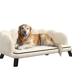 Canapé chien lit pour chien chat design contemporain coquillage dim. 98L x 60l x 35H cm coussin moelleux velours crème