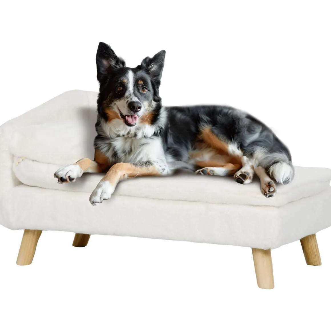 Canapé chien méridienne style scandinave 2 coussins déhoussables bois aspect fourrure crème