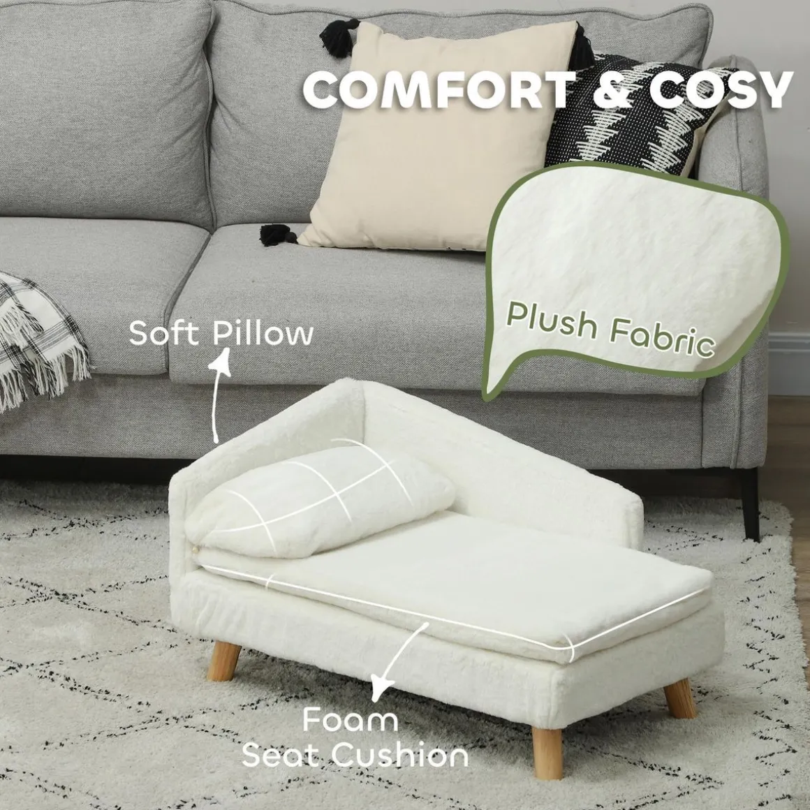 Canapé chien méridienne style scandinave 2 coussins déhoussables bois aspect fourrure crème