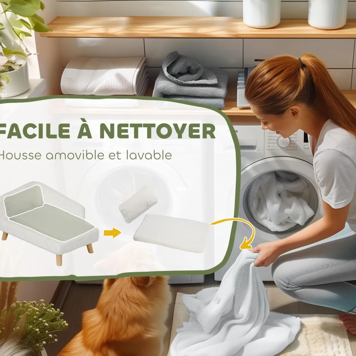 Canapé chien méridienne style scandinave 2 coussins déhoussables bois aspect fourrure crème