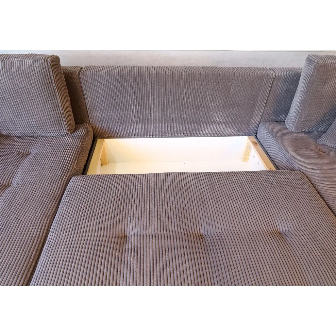 Canapé d'angle convertible panoramique 5 places tissu velours avec coffre MAGNUS