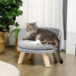 Canapé lit panier pour chien design scandinave coussin moelleux amovible pieds en bois Ø 40,5 x 33H cm gris