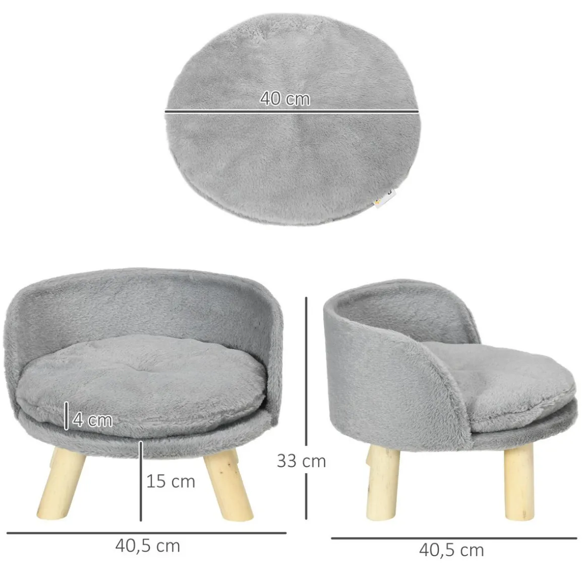 Canapé lit panier pour chien design scandinave coussin moelleux amovible pieds en bois Ø 40,5 x 33H cm gris