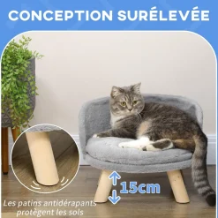 Canapé lit panier pour chien design scandinave coussin moelleux amovible pieds en bois Ø 40,5 x 33H cm gris