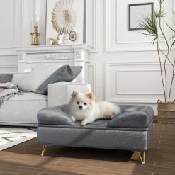Canapé pour chien design - dim. 76L x 53,5l x 34H cm - piètement épingle métal doré velours gris