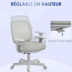 Chaise de bureau ergonomique hauteur réglable pivotante 360° revêtement maille gris