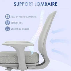 Chaise de bureau ergonomique hauteur réglable pivotante 360° revêtement maille gris