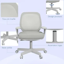 Chaise de bureau ergonomique hauteur réglable pivotante 360° revêtement maille gris