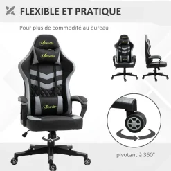Chaise de bureau gaming réglable - coussin lombaires et tétière inclus - fonction bascule verrouillable - noir gris