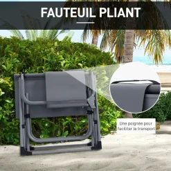 Chaise de camping plage pliable - plateau porte-gobelet - métal oxford gris