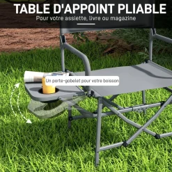 Chaise de camping plage pliable - plateau porte-gobelet - métal oxford gris