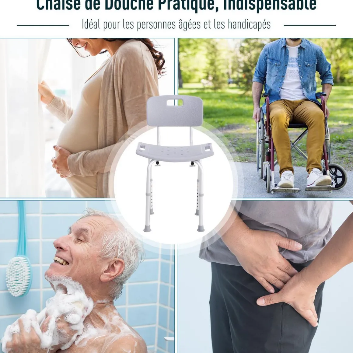 Chaise de douche siège de douche ergonomique hauteur réglable pieds antidérapants charge max. 136 Kg alu HDPE gris