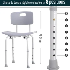 Chaise de douche siège de douche ergonomique hauteur réglable pieds antidérapants charge max. 136 Kg alu HDPE gris