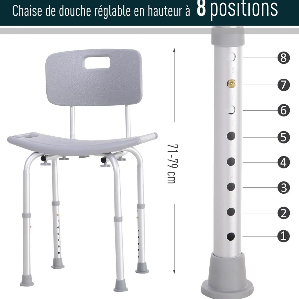 Chaise de douche siège de douche ergonomique hauteur réglable pieds antidérapants charge max. 136 Kg alu HDPE gris