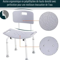 Chaise de douche siège de douche ergonomique hauteur réglable pieds antidérapants charge max. 136 Kg alu HDPE gris