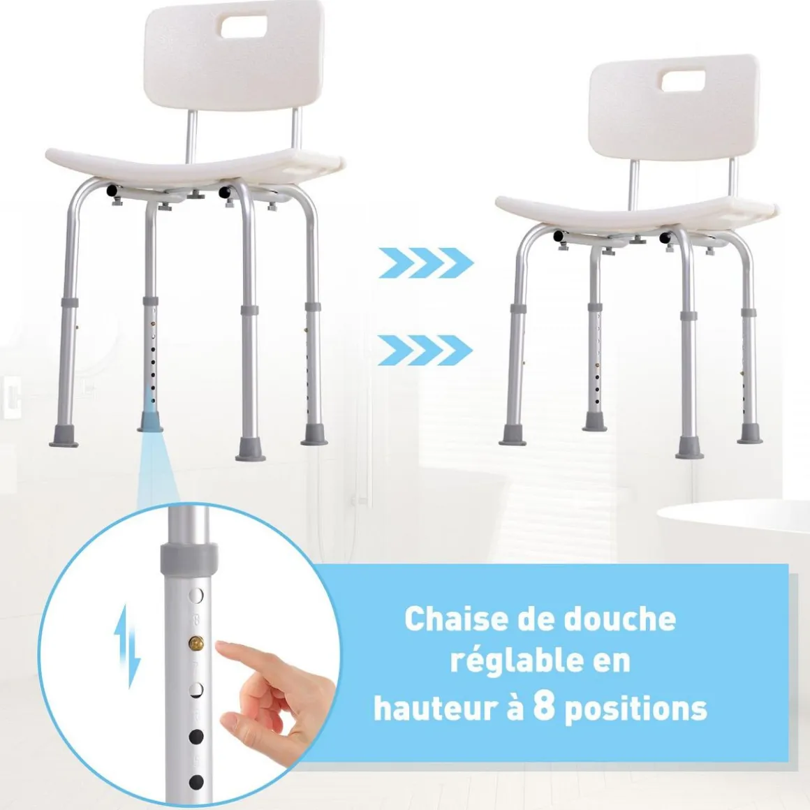 Chaise de douche siège de douche ergonomique hauteur réglable pieds antidérapants charge max. 136 Kg alu HDPE blanc