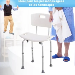 Chaise de douche siège de douche ergonomique hauteur réglable pieds antidérapants charge max. 136 Kg alu HDPE blanc