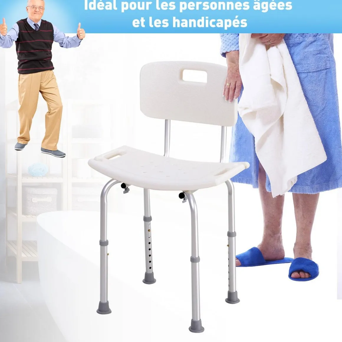 Chaise de douche siège de douche ergonomique hauteur réglable pieds antidérapants charge max. 136 Kg alu HDPE blanc