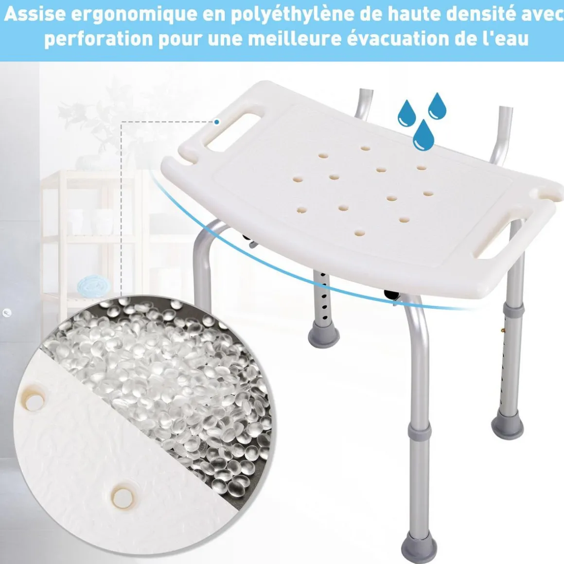 Chaise de douche siège de douche ergonomique hauteur réglable pieds antidérapants charge max. 136 Kg alu HDPE blanc