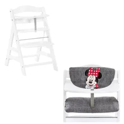 Chaise haute Alpha+B Blanc + Coussin chaise haute en bois Highchair Pad Deluxe Minnie Mouse Gris
