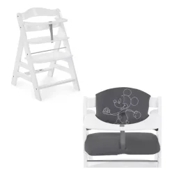 Chaise haute Alpha+B Blanc + Coussin chaise haute en bois Highchair Pad Select Mickey Mouse Gris Anthracite
