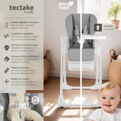 Chaise haute SOPHIA pliable réglable en hauteur avec harnais à 5 points